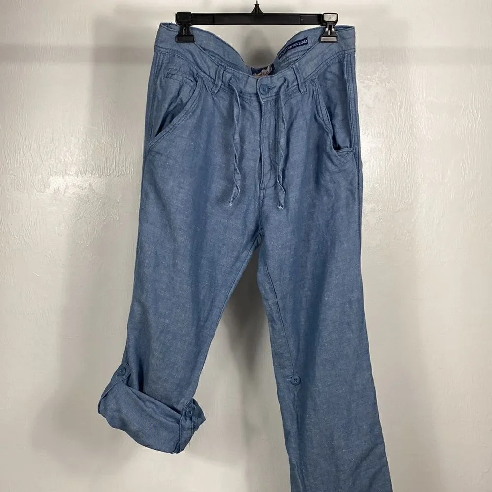 The Point Zero Experience Blue Cotton Linen Blend Roll Up Travel Pants